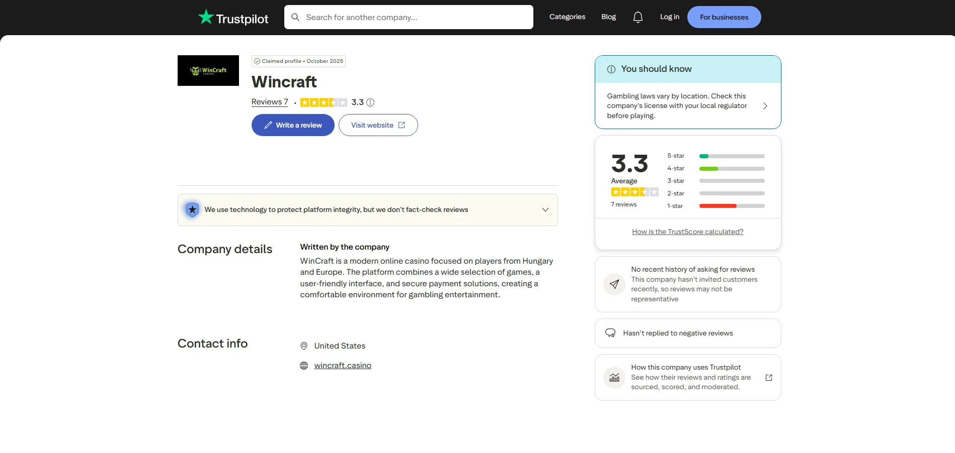 Screenshot of Wincraft Casino's Trustpilot rating overview