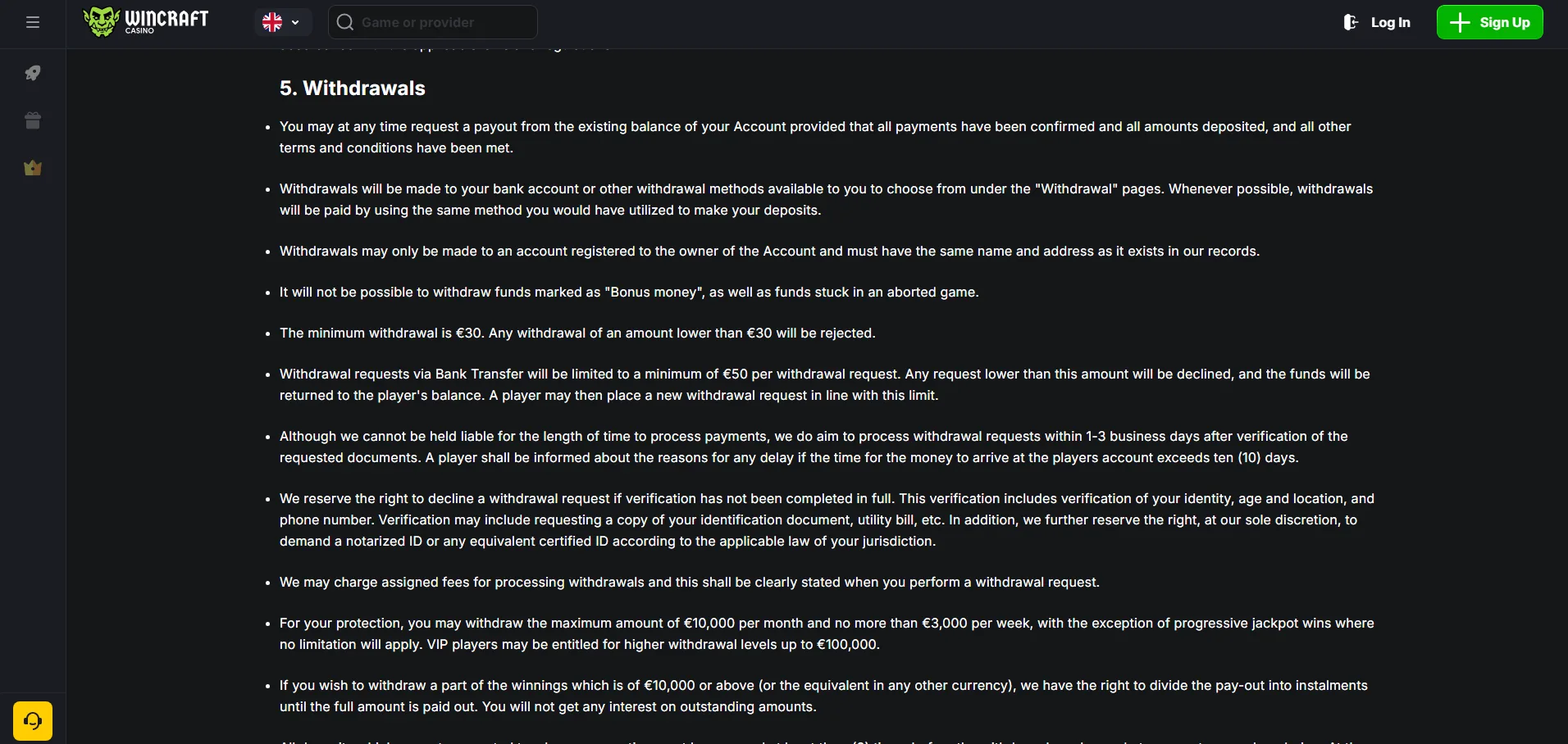 Screenshot of Wincraft Casino's withdrawal section and limits