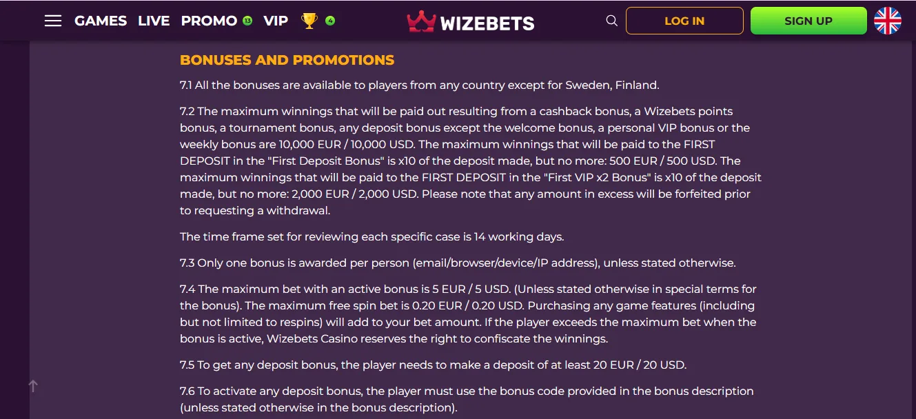 Screenshot of Wizebets's bonus terms and wagering requirements