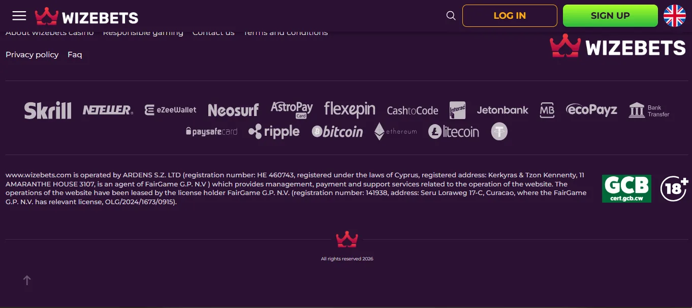 Screenshot of Wizebets's footer licence and regulator details