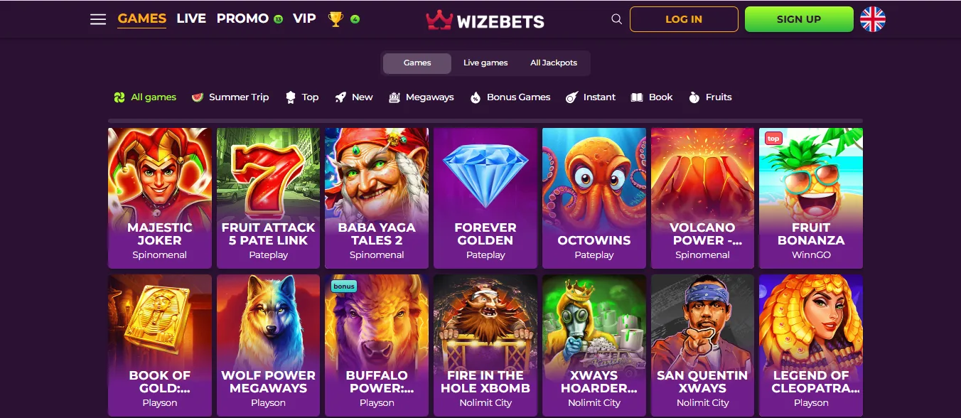 Screenshot of Wizebets's games lobby