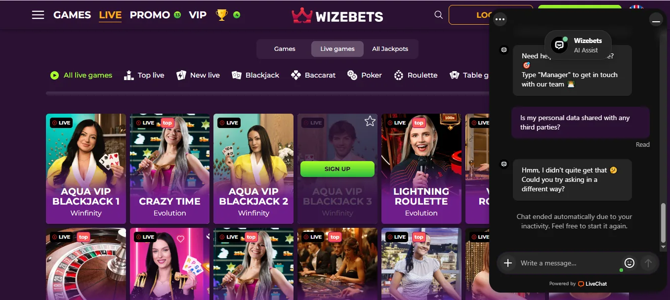 Screenshot of Wizebets's live chat support window