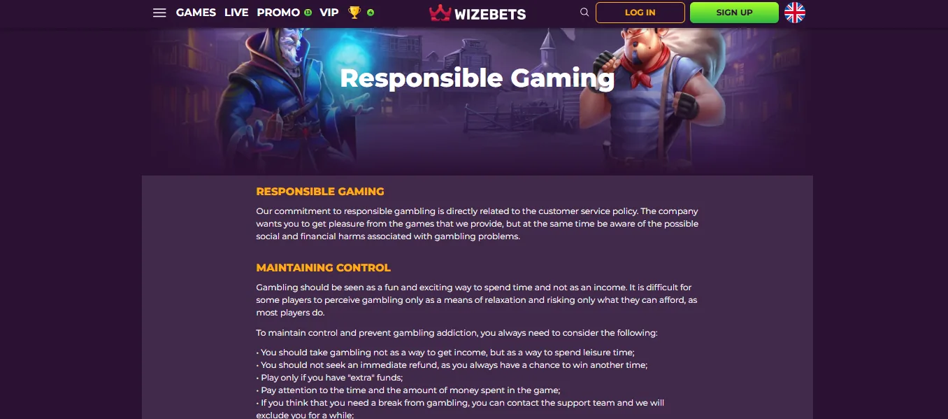 Screenshot of Wizebets's responsible-gambling tools