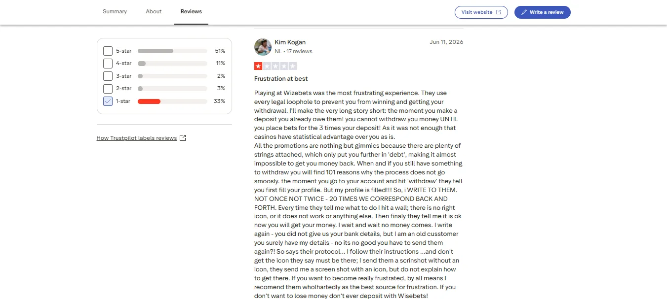 Screenshot of Wizebets's negative Trustpilot review