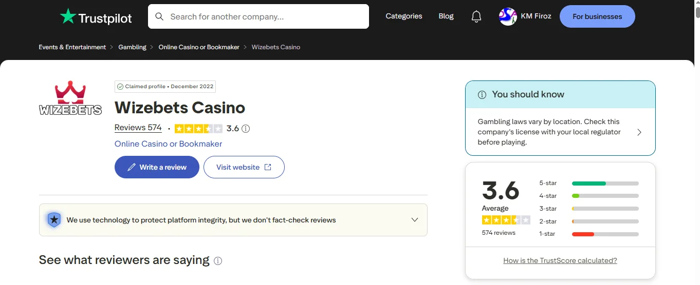 Screenshot of Wizebets's Trustpilot rating overview