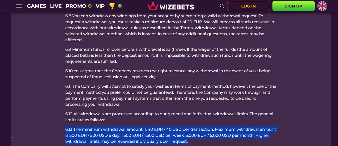 Screenshot of Wizebets's withdrawal section and limits