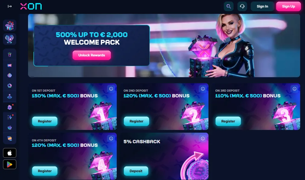 Screenshot of XON's welcome bonus offer
