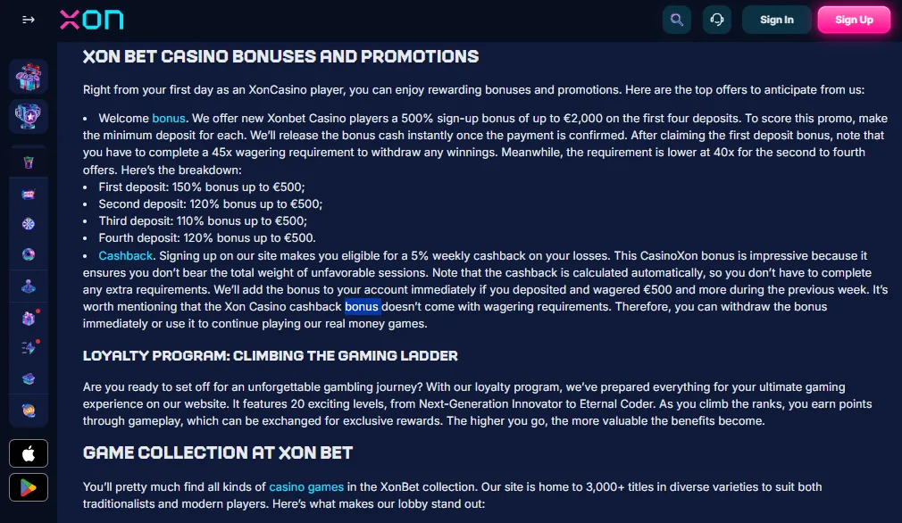 Screenshot of XON's bonus terms and wagering requirements