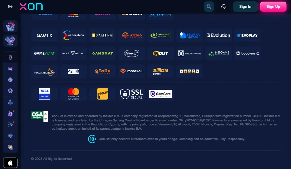 Screenshot of XON's footer licence and regulator details