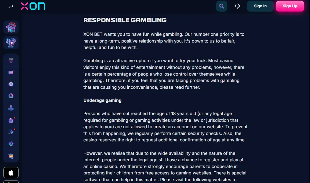 Screenshot of XON's responsible-gambling tools