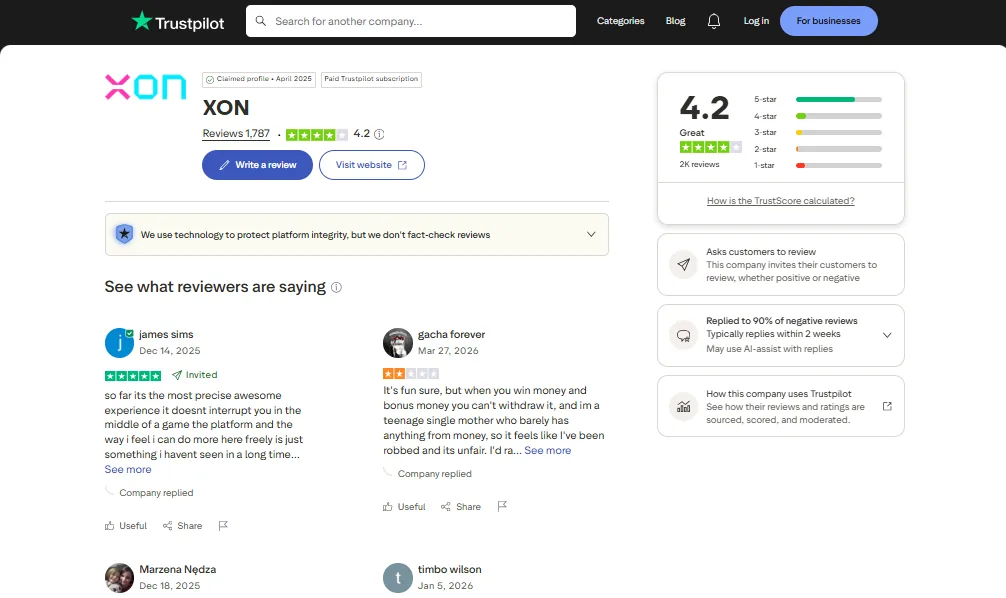 Screenshot of XON's Trustpilot rating overview