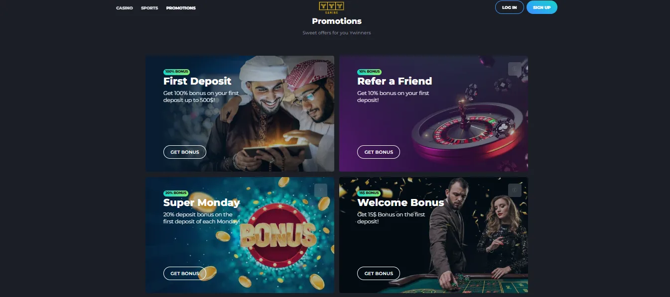 Screenshot of Y Win Casino's welcome bonus offer