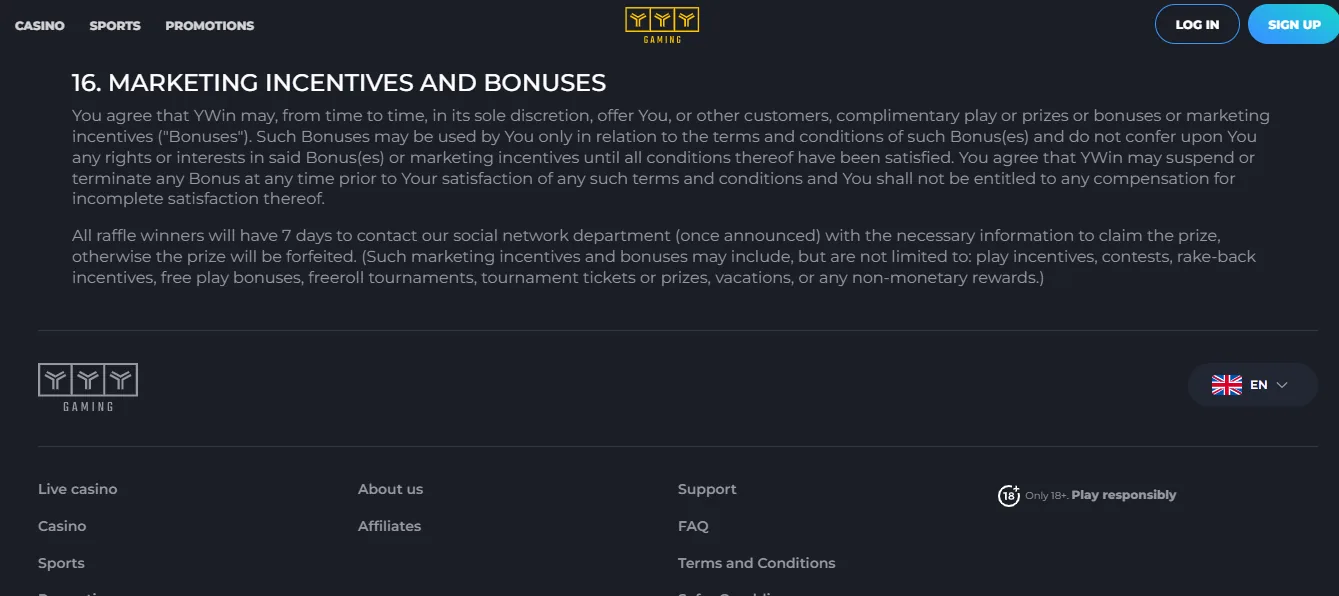 Screenshot of Y Win Casino's bonus terms and wagering requirements