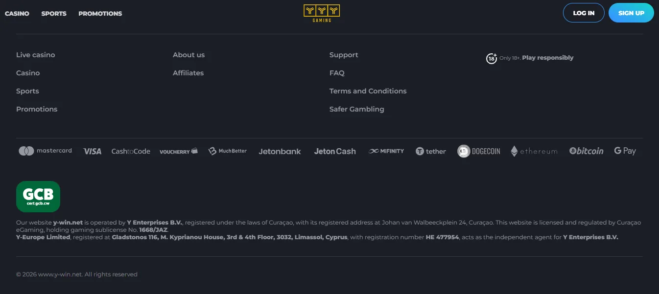 Screenshot of Y Win Casino's footer licence and regulator details