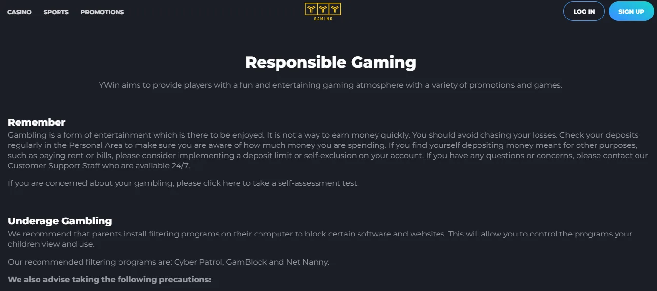 Screenshot of Y Win Casino's responsible-gambling tools