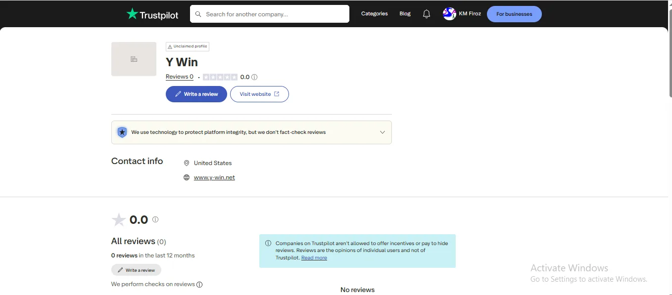 Screenshot of Y Win Casino's Trustpilot rating overview