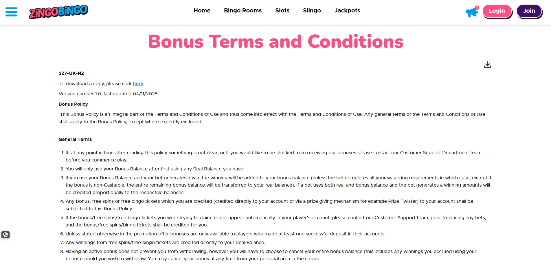 Screenshot of Zingo Bingo's bonus terms and wagering requirements