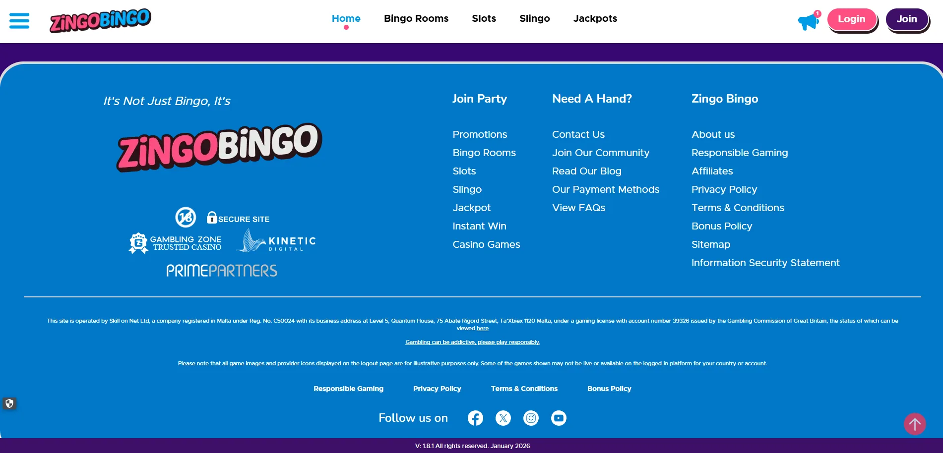 Screenshot of Zingo Bingo's footer licence and regulator details