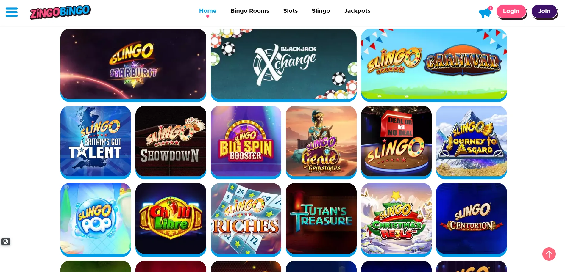 Screenshot of Zingo Bingo's games lobby