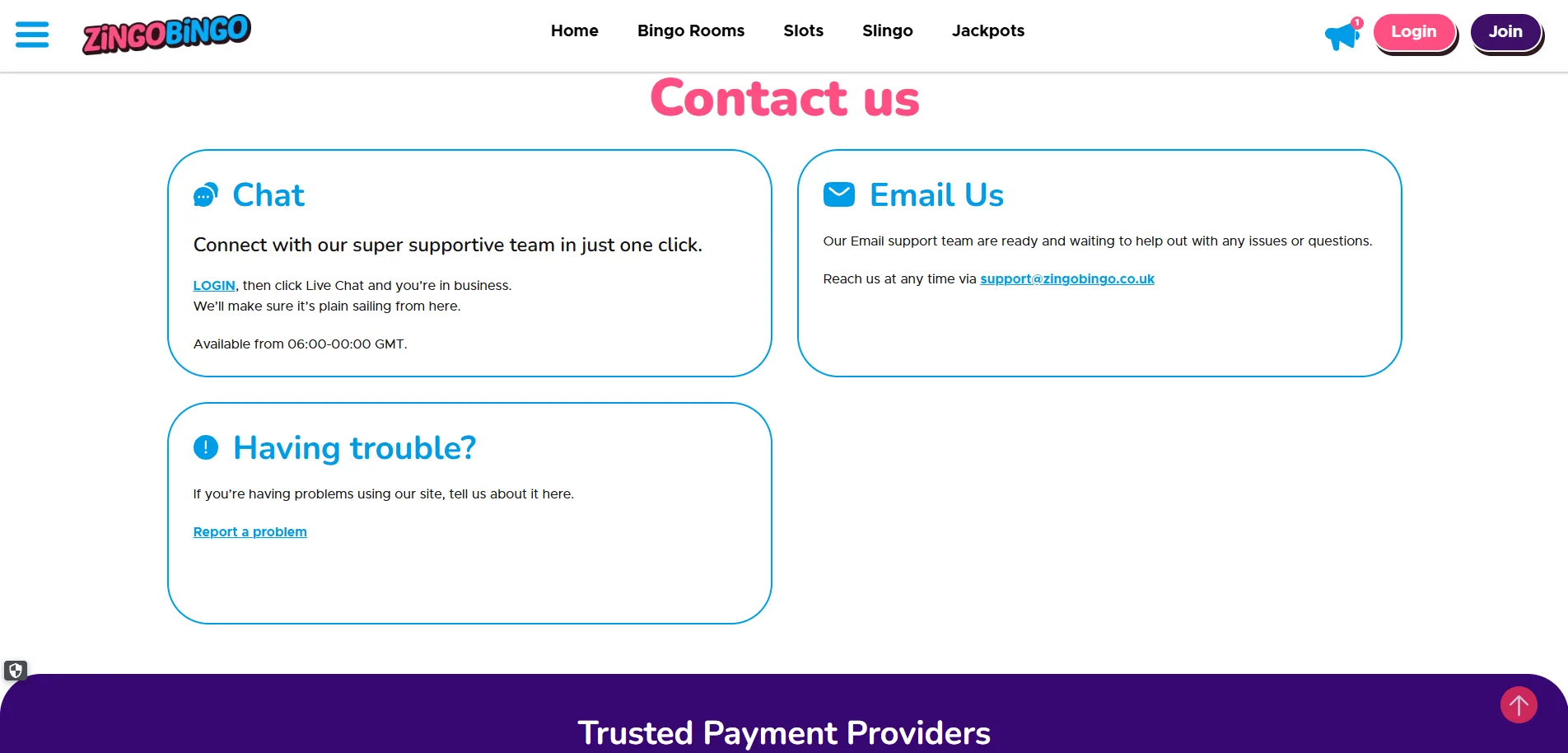 Screenshot of Zingo Bingo's live chat support window