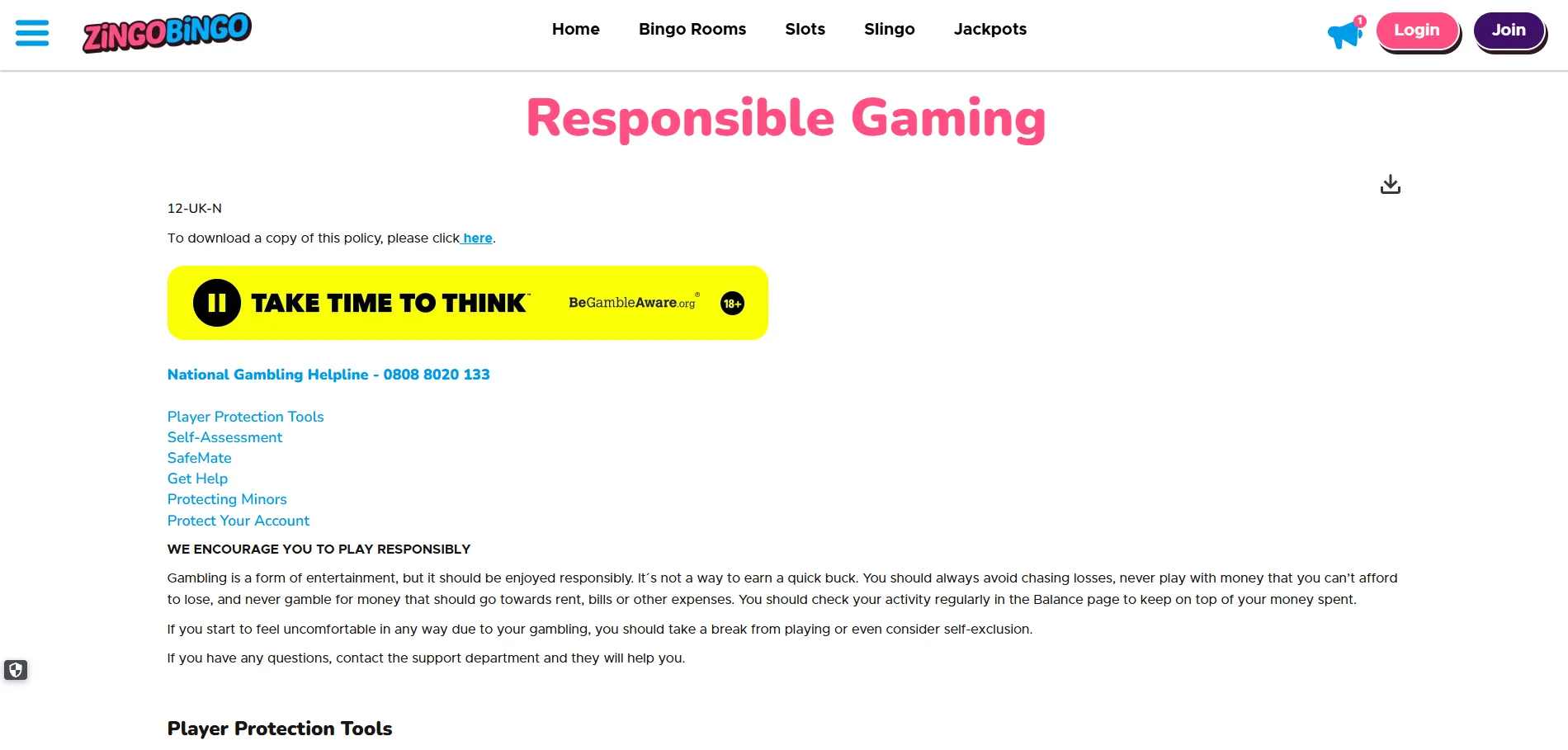 Screenshot of Zingo Bingo's responsible-gambling tools
