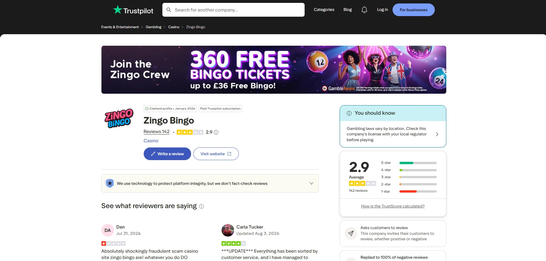 Screenshot of Zingo Bingo's Trustpilot rating overview