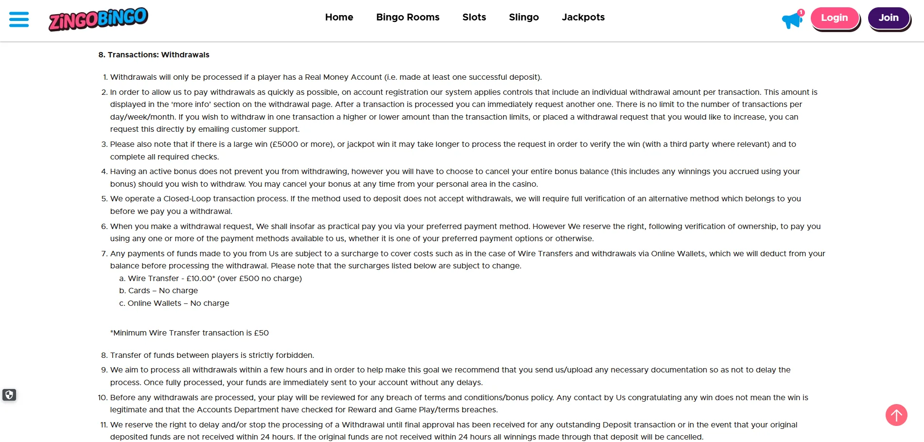 Screenshot of Zingo Bingo's withdrawal section and limits