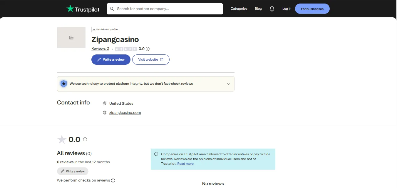 Screenshot of Zipang Casino's Trustpilot rating overview