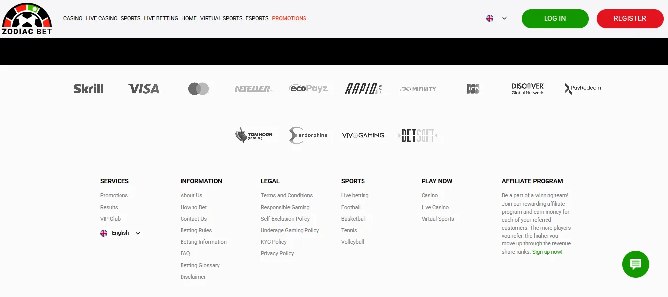 Screenshot of Zodiacbet's cashier and payment methods