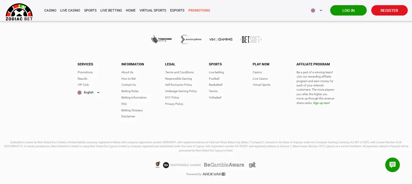 Screenshot of Zodiacbet's footer licence and regulator details