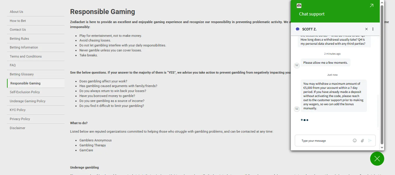 Screenshot of Zodiacbet's live chat support window