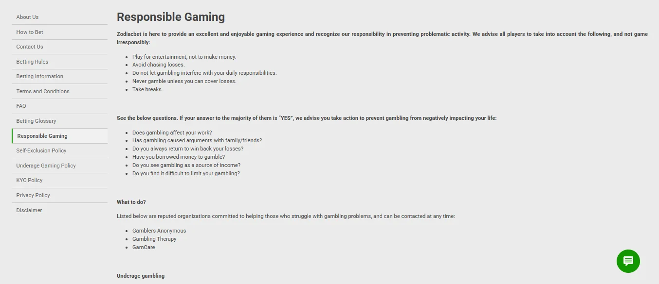 Screenshot of Zodiacbet's responsible-gambling tools