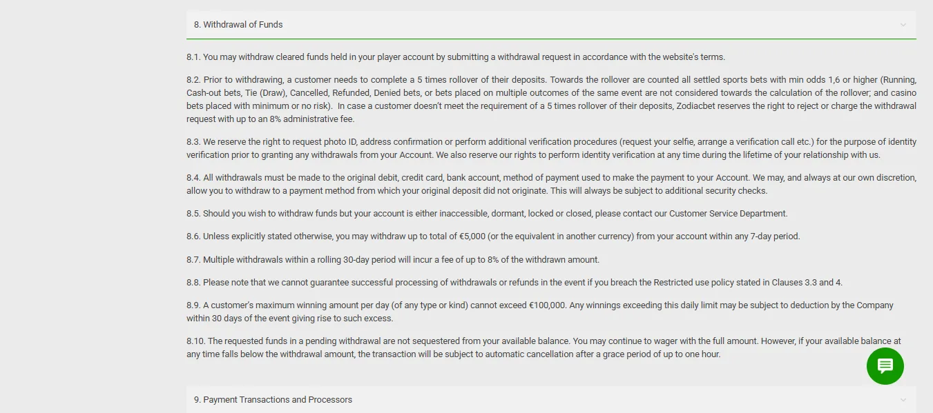 Screenshot of Zodiacbet's withdrawal section and limits