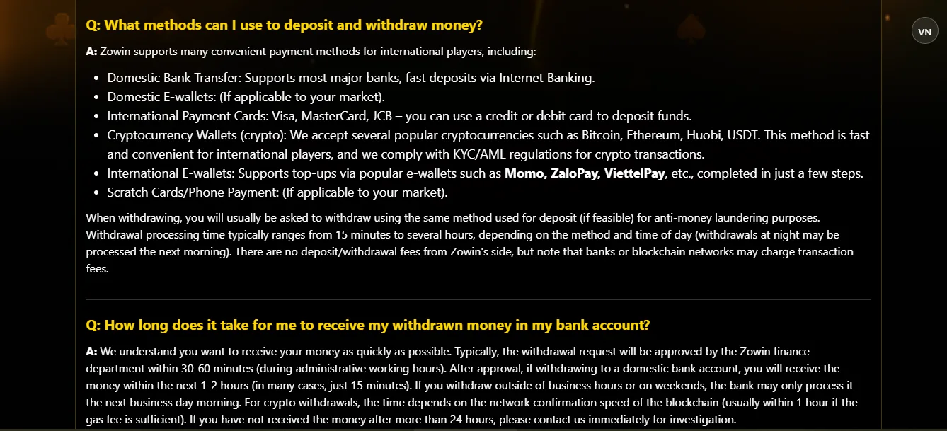 Screenshot of Zowin's cashier and payment methods