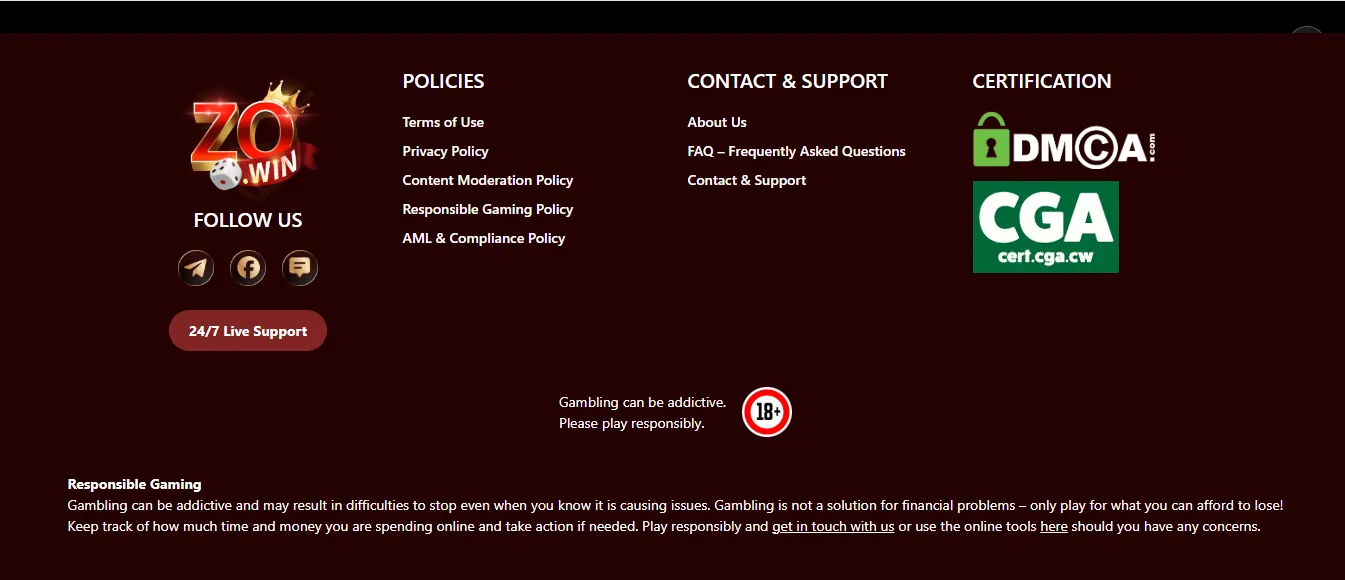 Screenshot of Zowin's footer licence and regulator details