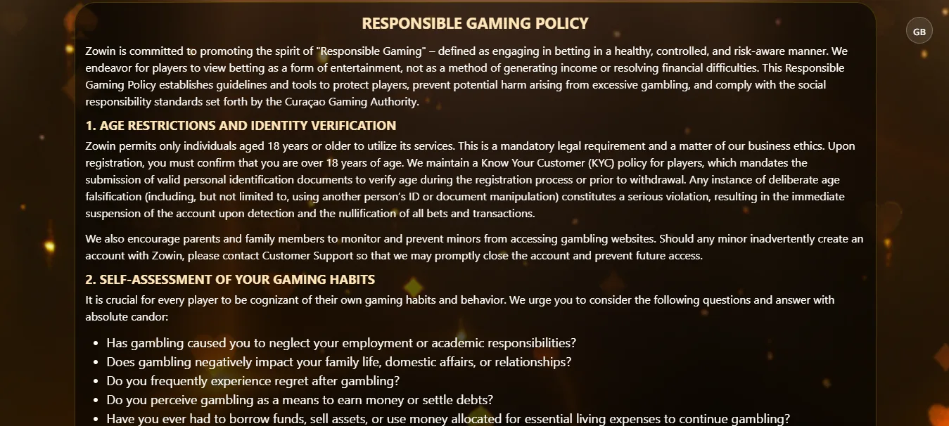 Screenshot of Zowin's responsible-gambling tools