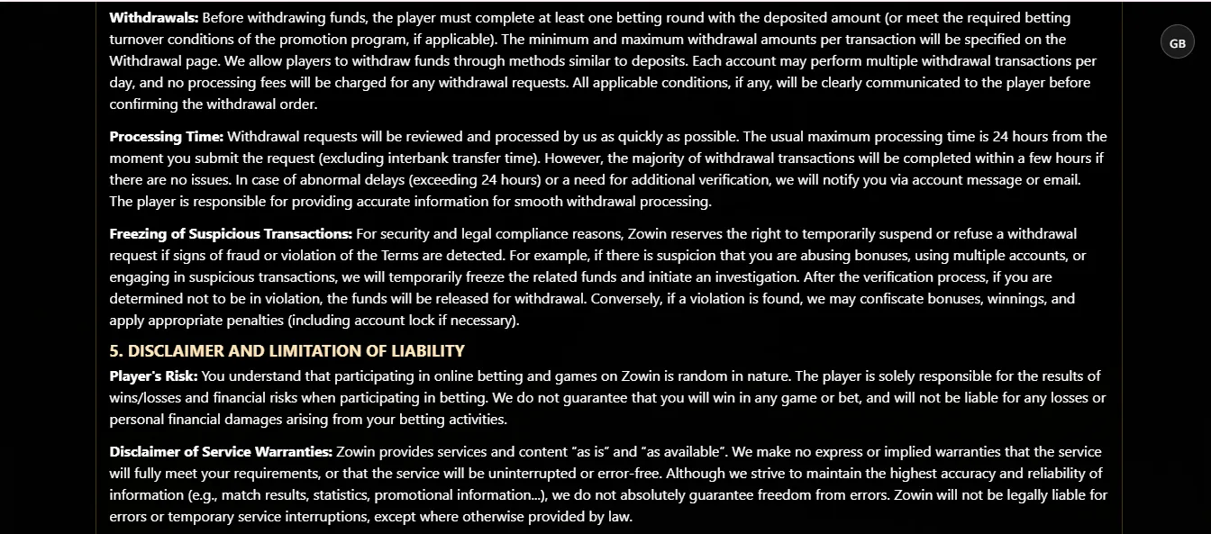 Screenshot of Zowin's withdrawal section and limits