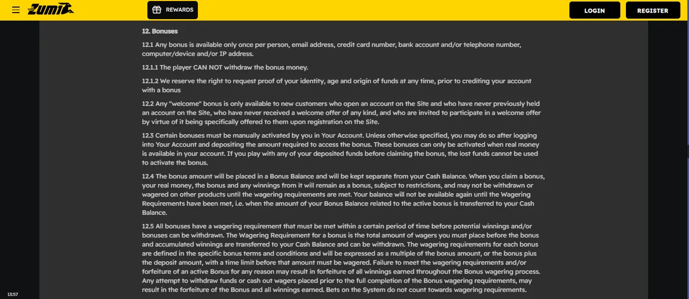 Screenshot of Zumibet's bonus terms and wagering requirements