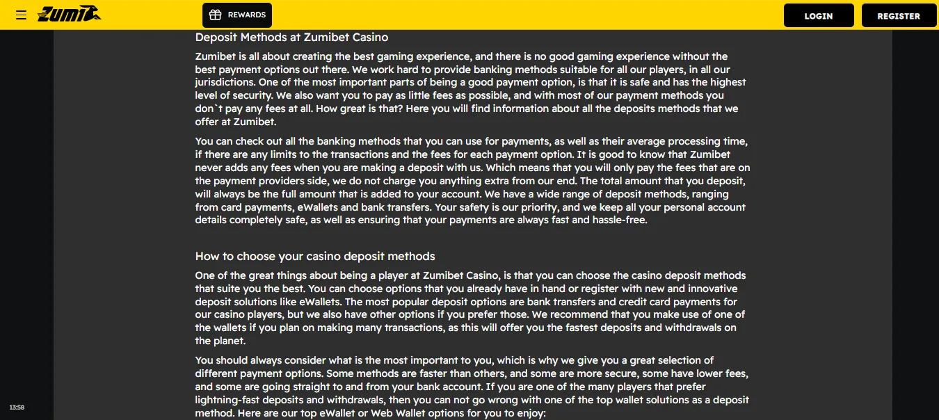 Screenshot of Zumibet's cashier and payment methods