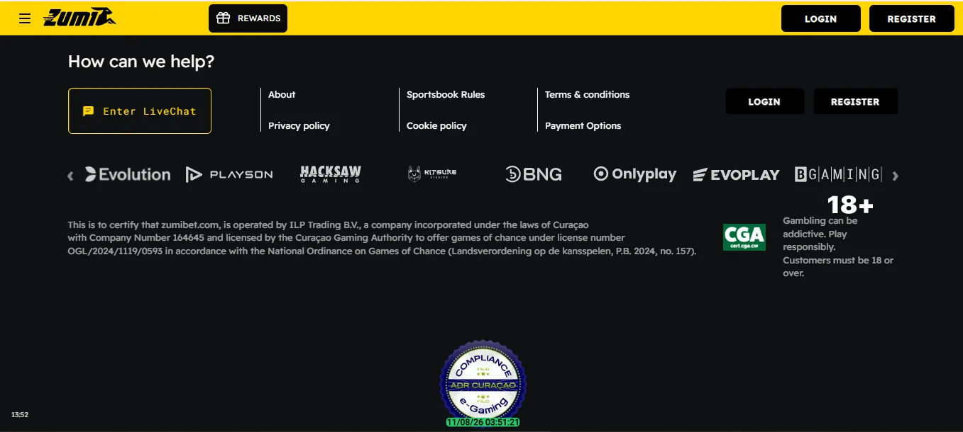 Screenshot of Zumibet's footer licence and regulator details