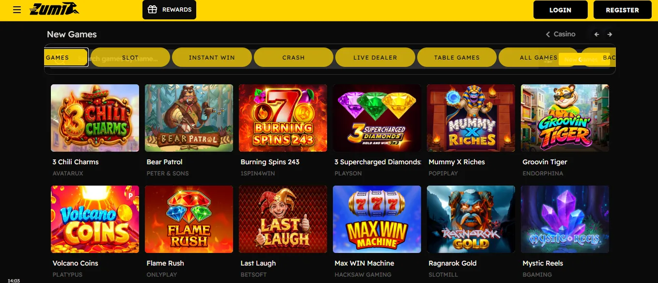 Screenshot of Zumibet's games lobby