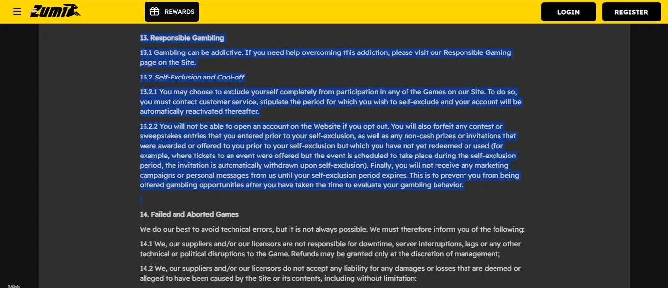 Screenshot of Zumibet's responsible-gambling tools