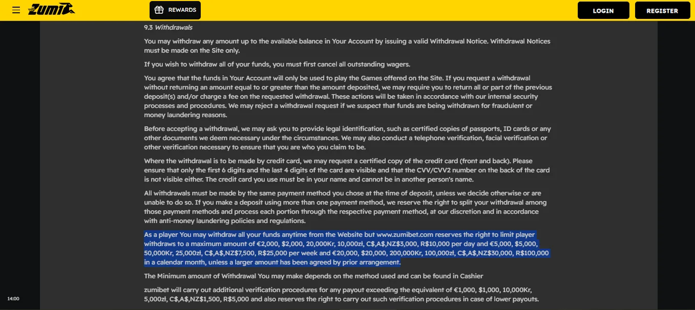 Screenshot of Zumibet's withdrawal section and limits