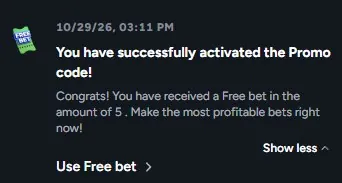 BetFury notification confirming the free bet of $5 was credited with no deposit