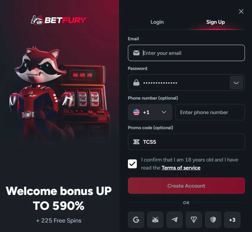 BetFury sign-up form with promo code TCS5 entered in the Promo code (optional) field