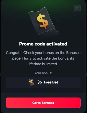 BetFury promo code activated popup showing the $5 Free Bet from code TCS5