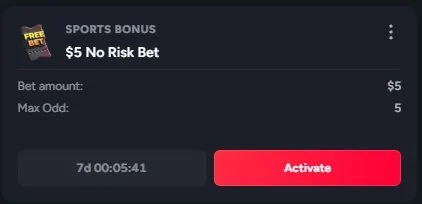 BetFury $5 No Risk Bet bonus card with 7-day activation countdown timer and Activate button