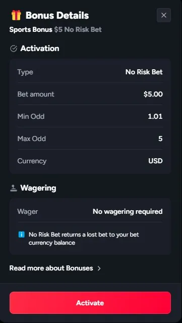 BetFury bonus details showing $5 No Risk Bet, min odd 1.01, max odd 5, and no wagering required
